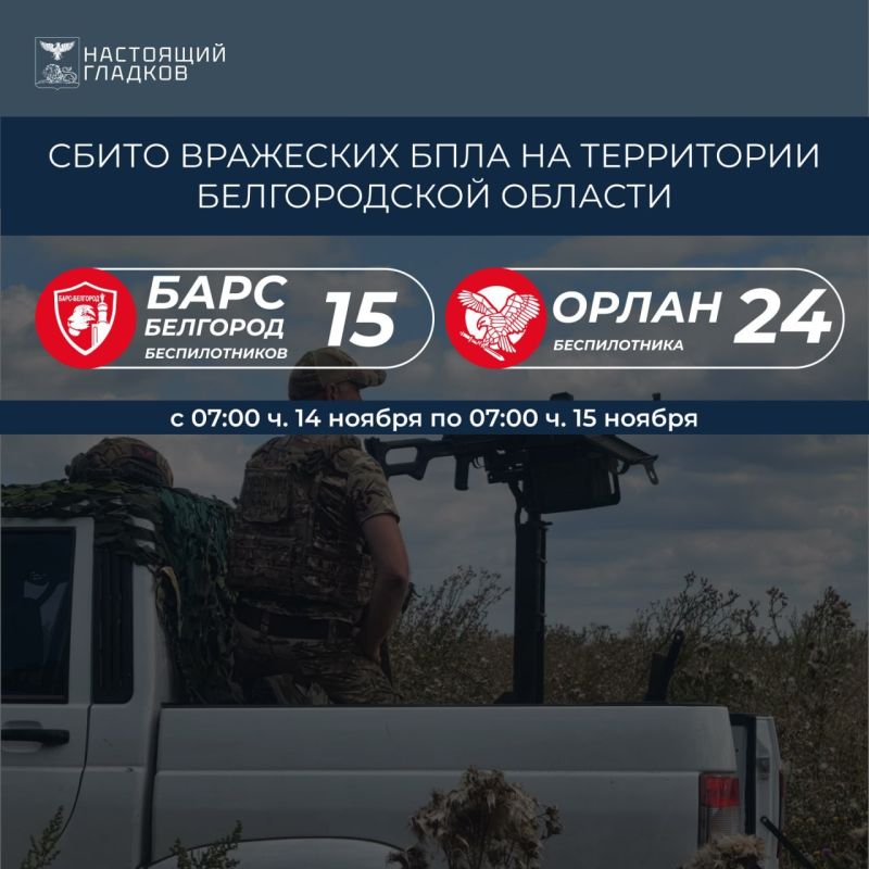 Вячеслав Гладков: Информация о сбитиях всех типов вражеских БПЛА на территории Белгородской области подразделениями «БАРС-Белгород» и «Орлан»