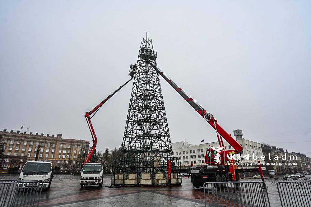 Пока без иголок.... Специалисты Белгорблагоустройства завершают монтаж металлического каркаса главной новогодней ёлки области