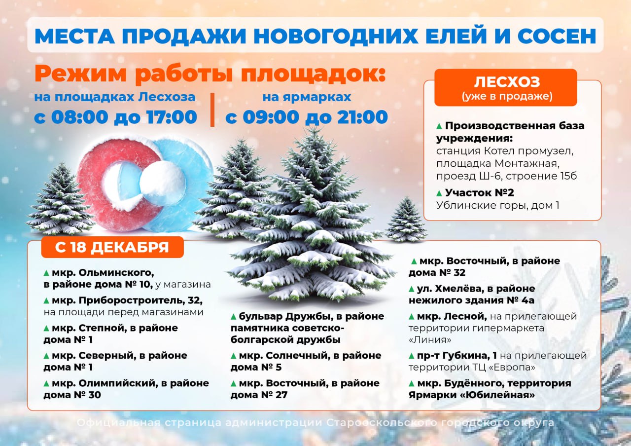 Дорогие старооскольцы!. Совсем скоро Новый год, и с 18 декабря в городе снова открываются ёлочные базары