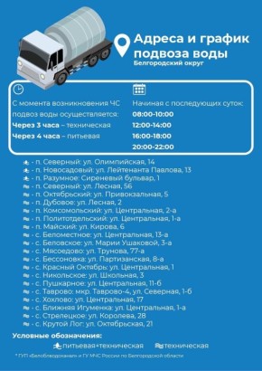 Публикуем график подвоза воды в Белгородском муниципальном округе на случай возможных отключений энергетической инфраструктуры