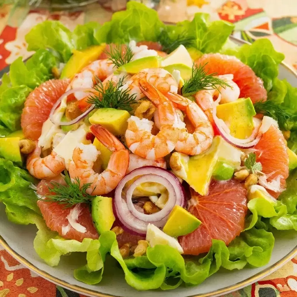 Салат для праздника: Тигровые креветки, авокадо и грейпфрут