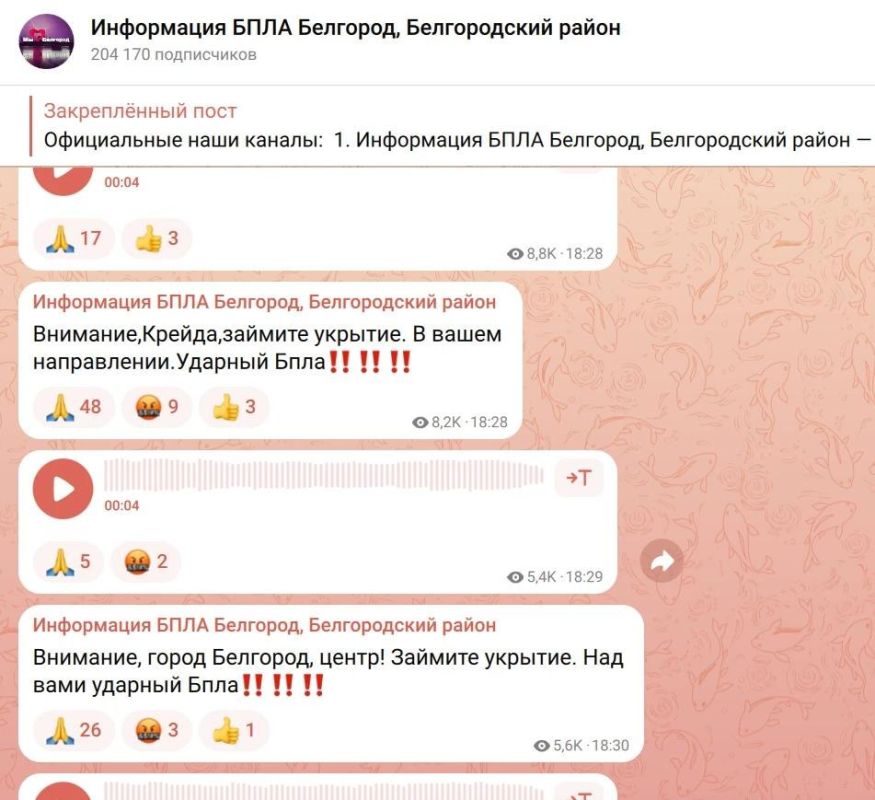 Мониторинговые каналы предупреждают о движении БПЛА над Белгородом и округом