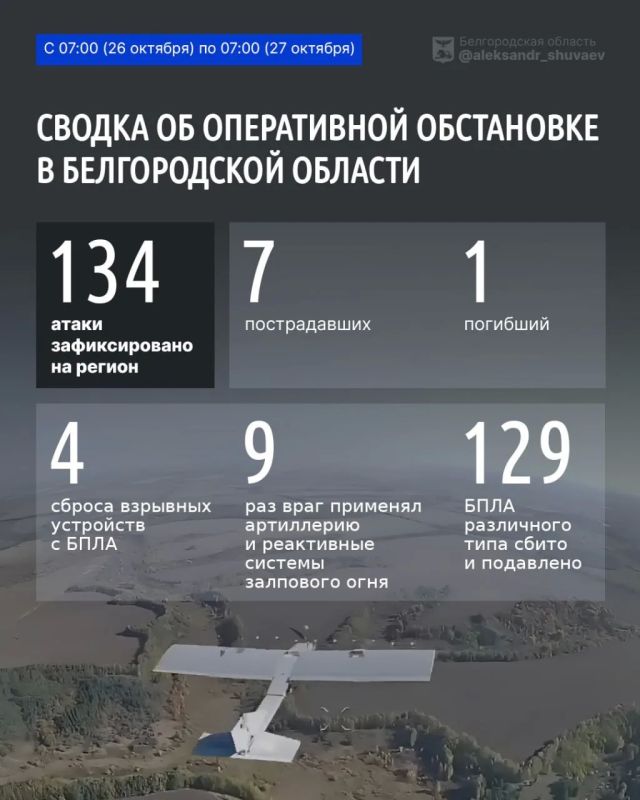 Александр Шуваев: За минувшие сутки ВСУ 134 раза атаковали территорию Белгородской области